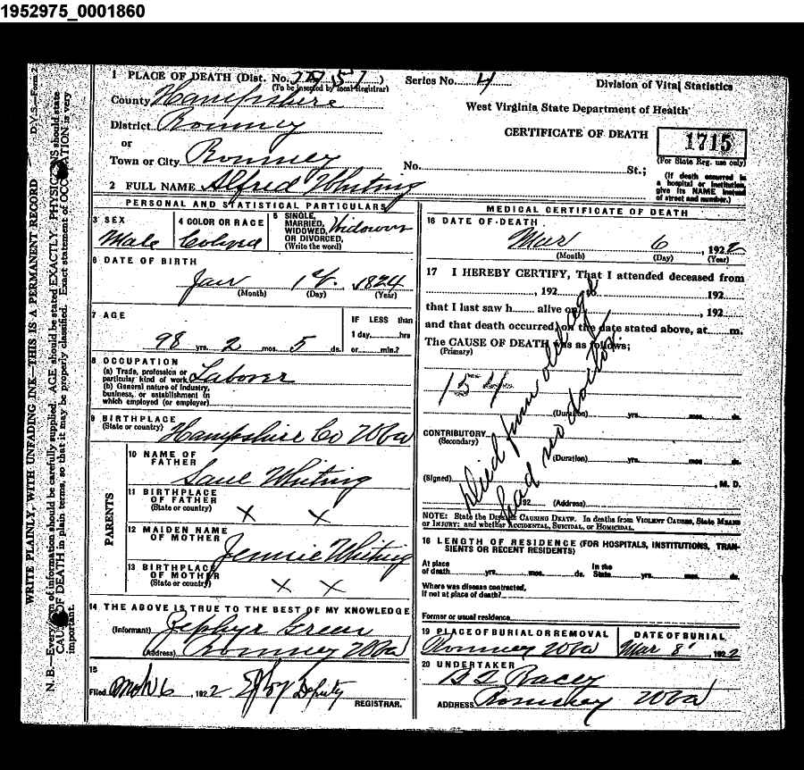 image courtesy of Rob Wolford Alfred Whitings' death certificate